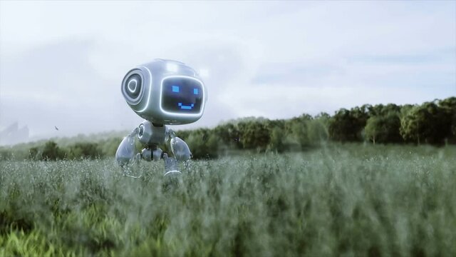 Funny toy robot in the meadow on the background of a futuristic city. Future concept. realistic 4k animation.