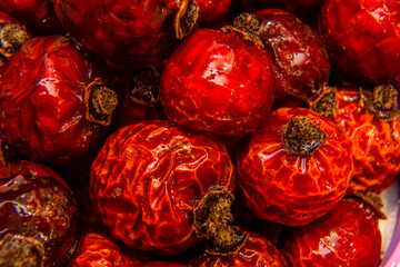 Dried herbs Rosehip. High concentration of vitamin C, pharmaceutical herb, vitamin tea. macro shooting.