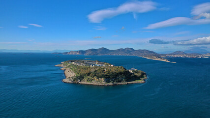 Aerial drone photo of Attica's latest technology sewage plant small island of Psitaleia, Perama, Greece
