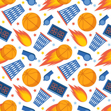 Seamless Pattern Of Sports Items On A White Background. Basketball. Sports Team Game. Background Of Ball, Basket, Whistle And Scoreboard. Colorful Vector Flat Illustration