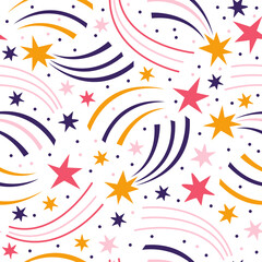 Fototapeta na wymiar Seamless pattern meteor or shooting star. Cosmos background with space elements, stars, comets, meteorites, starry sky. Hand drawn vector backdrop outer space.