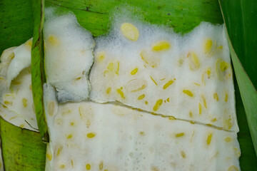 empe or tempeh wrapped in banana leaves,is a indonesian traditional food.made of fermented soya beans.