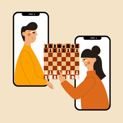 Two people plays chess online. Man and woman competing in chess from their smartphones. Distant leisure activity concept vector illustration. Chess tournament at online chess club.