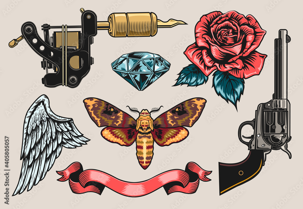 Wall mural Retro tattoo line art set. Vintage gun, rose, revolver, ribbon, diamond clipart vector illustration collection. Tattoo studio and design elements concept