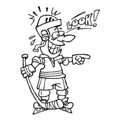 Hockey player laughs and gestures with his finger and says Look, winter sports, black and white cartoon