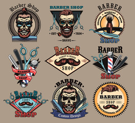Barbershop labels set. Barber emblem with skulls with beard and trendy male haircut, scissors, brush, text samples. Vector illustrations collection for hairdresser, barber equipment concept
