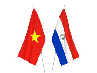 National fabric flags of Vietnam and Paraguay isolated on white background. 3d rendering illustration.