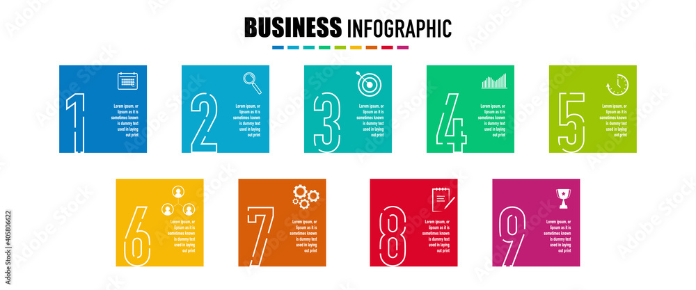 Aufkleber infographics design vector and business icons with 9 options for presentation and web site