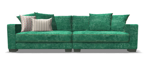 3d grüne Leder Couch, Sofa mit Kissen, Isoliert