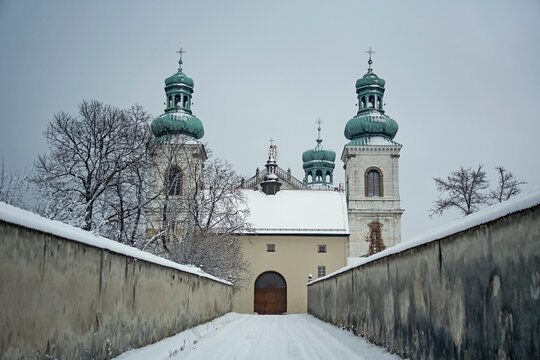 main gate of Camaldolese monastery in Bielany, Krakow, Poland on winter day