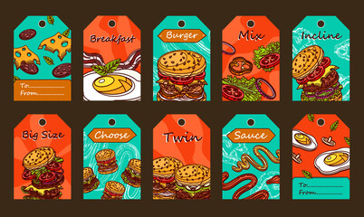 Special tag designs with burgers. Sliced ingredients, sauce and fried egg on colorful background. Unhealthy meal and nutrition concept. Template for greeting labels or invitation card