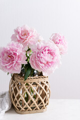 pink peony flowers bouquet on white background. still life. womens day or wedding concept. festive background