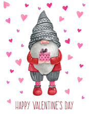 Watercolor Valentine gnomes clipart, love Nordic gnomes, Scandinavian gnome, Boy gnome with a present box. Valentine's day postcard