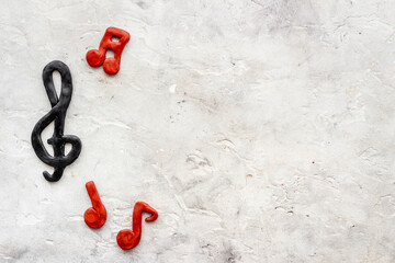 Flat lay of music notes, space for text. Music background