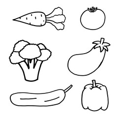 Set of vector hand drawn vegetables isolated on white. Doodle style illustration. Carrot, tomato, broccoli, eggplant, cucumber and bulgarian paper. Simple vector outline icons for vegan shops