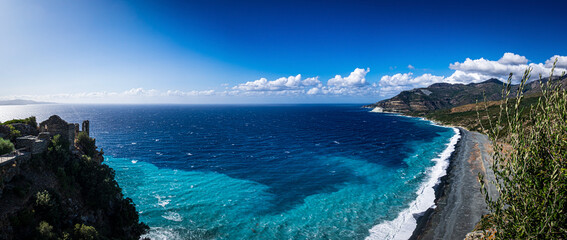 The beach of Nonza and the western coastline of Cap Corse, Corsica, France