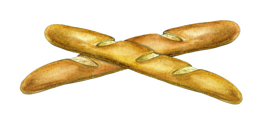 Baguette bread watercolor illustration. Hand drawn morning breakfast tasty bakery. Backed group baguette bread element. Traditional french pastry on white background. Baked delicious grain food.