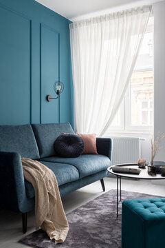 Stylish Blue Couch In Small Living Room