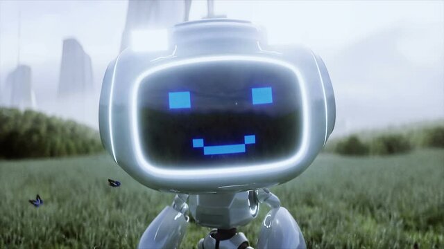 Funny toy robot in the meadow on the background of a futuristic city. Future concept. realistic 4k animation.