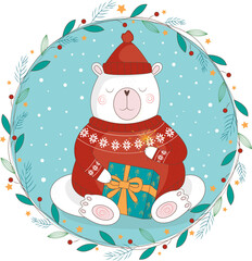 christmas illustration with polar bear wearing christmas sweater and gift box