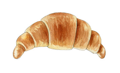 Croissant bun watercolor illustration. Hand drawn morning breakfast tasty bakery. Backed croissant bread element. Traditional french pastry on white background. Baked delicious food.
