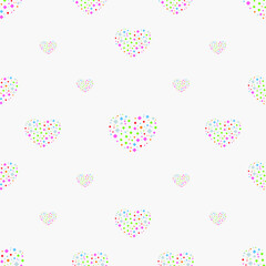 Seamless vector pattern with multicolored hearts on white background. For festive postcards design, packages, wallpapers, decorations and prints