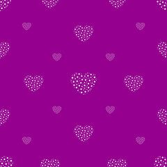 Seamless vector pattern with white  hearts on a purple background. For festive postcards design, packages, wallpapers, decorations and prints