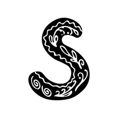 Fototapeta premium Monochrome letter S isolated on white background with floral pattern, vector hand drawn illustration for logo, postcard design, posters, banners, etc