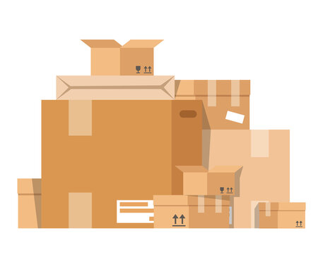 Pile Of The Boxes Vector Isolated. Brown Package For Fragile Things Transportation. Carton Boxes