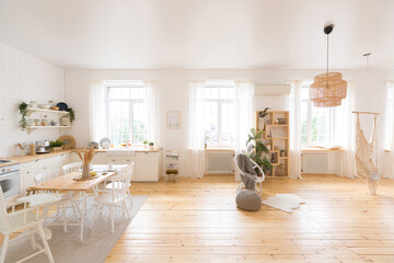 cute cozy light interior design of the apartment with a free layout of the kitchen and bedroom areas. a lot of windows, a wooden floor and a hanging swing.