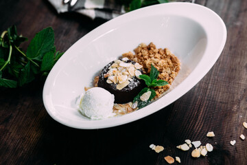Chocolate fondant on a white plate