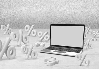 Percentages on the floor with laptop mockup. Percentages scattered for business on a computer
