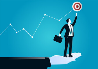 vector illustration of giant hand helping a businessman to reach the target. describe challenge and target business. business concept illustration
