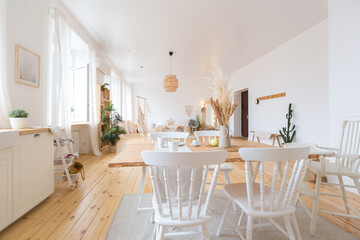 cute cozy light interior design of the apartment with a free layout of the kitchen and bedroom areas. a lot of windows, a wooden floor and a hanging swing.