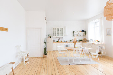 cute cozy light interior design of the apartment with a free layout of the kitchen and bedroom areas. a lot of windows, a wooden floor and a hanging swing.