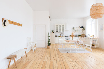 cute cozy light interior design of the apartment with a free layout of the kitchen and bedroom areas. a lot of windows, a wooden floor and a hanging swing.