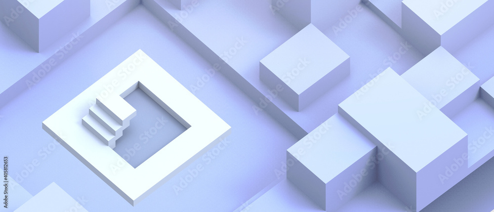 Poster abstract background minimal success and modern geometry square box with white stair concept on blue 