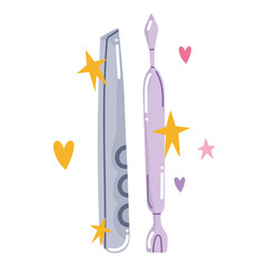 manicure cuticle pusher and file care tool in cartoon style