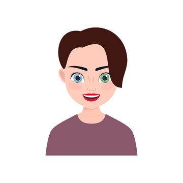 portrait, avatar of a young smiling woman with eyes of different colors. vector illustration.