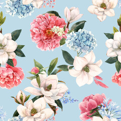 Beautiful seamless pattern with hand drawn watercolor gentle white magnolia and hydrangea flowers. Stock illustration.