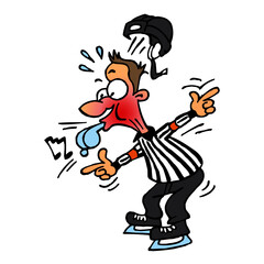 Hockey referee blows his whistle and gestures to exclude a fouling player, winter sports, color cartoon