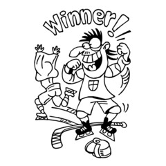 Winner of hockey fight celebrates and the loser runs away with jersey over his head, text Winner, winter sport, black and white cartoon