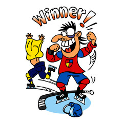 Winner of hockey fight celebrates and the loser runs away with jersey over his head, text Winner, winter sport, color cartoon