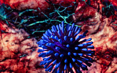 Model of coronavirus or influenza against the background of organic tissues and blood vessels. The...