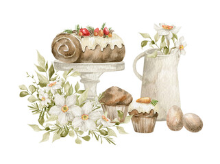 Fototapeta na wymiar Watercolor muffins, eggs, roll, vase, flower bouquet. Sweet pastries for the Easter holiday. Delicious dessert with cream, berries, fruits, spring flowers, leaves, narcissus