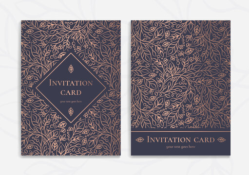 Rose gold and black luxury invitation card design. Vintage ornament template. Can be used for background and wallpaper. Elegant and classic vector elements great for decoration.