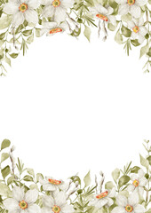 Fototapeta na wymiar Watercolor floral frame. Delicate spring yellow flowers, narcissus, greenery. Frame for wedding invitation, card, logo, greeting, promo. Spring romantic, feminine art