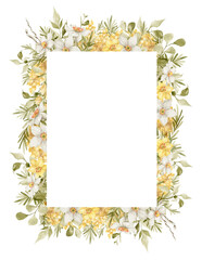 Watercolor floral frame. Delicate spring  yellow flowers, mimosa, narcissus, greenery. Frame for wedding invitation, card, logo, greeting, promo. Spring romantic, feminine art