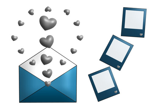 social network concept with blue envelop, silver hearts and polaroid frames