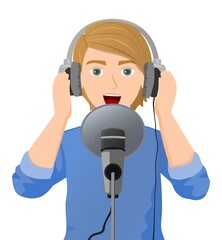 Voiceover studio man holding headphones with mic recording voice over or speaking and singing.